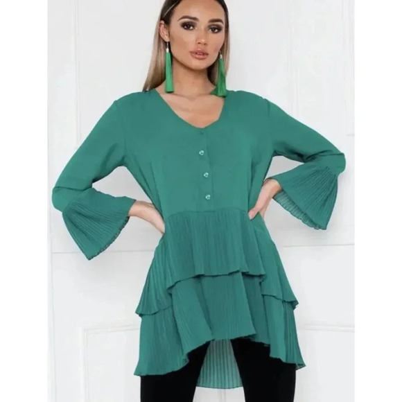 Zara Woman Womens Elegant Contrasting Pleated Flowy Blouse Green Sz Small - Picture 2 of 11